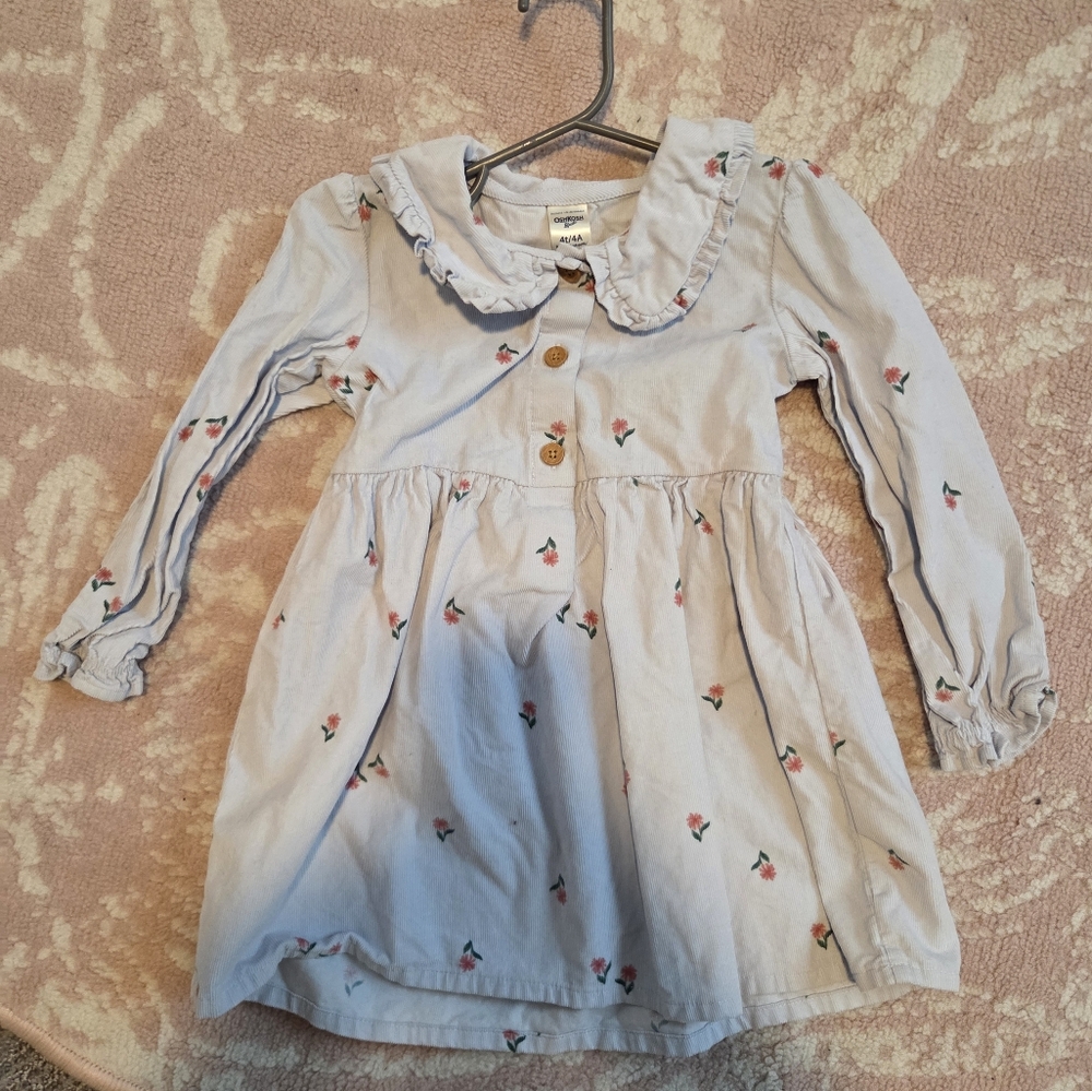 OshKosh B'gosh Light Blue Floral Corduroy Dress with Ruffled Collar